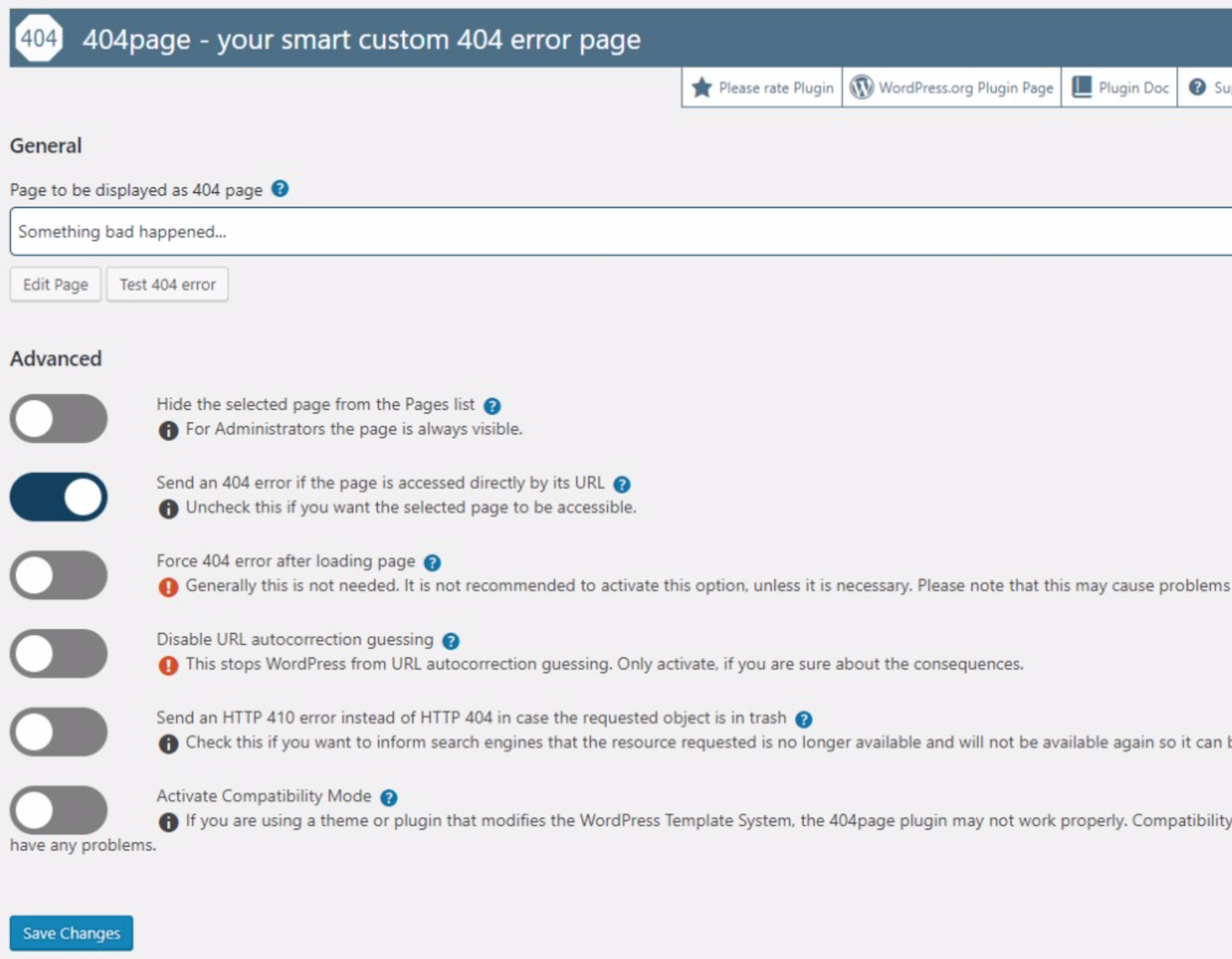 404page WordPress Plugin Settings